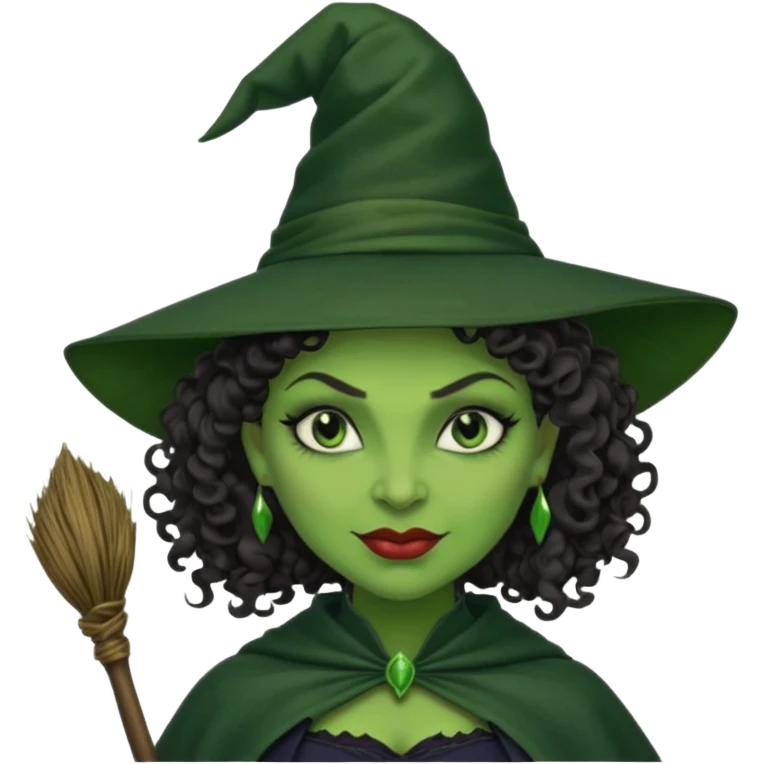 elphaba wicked witch with broom close up, evil dark curly hair, green skin, thick lips, cheekbones, smirk evil menacing cythia erivo emoji