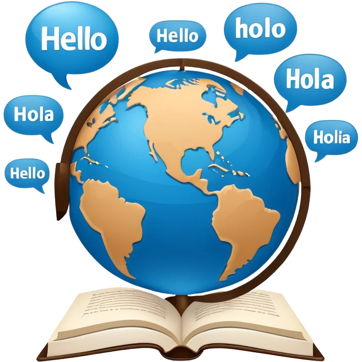 An icon showing a globe surrounded by speech bubbles with greetings in different languages, like 'Hello,' 'Hola,' and 'Bonjour.' The design includes an open book and a quill, symbolizing learning and communication. Transparent background emphasizes global connection through language. emoji
