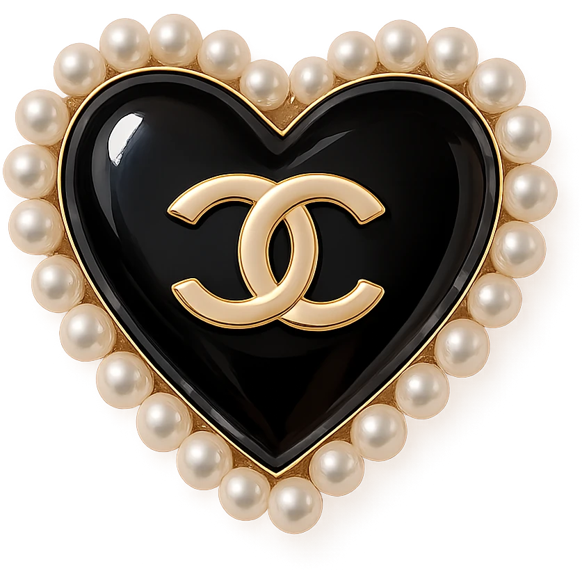  only the elegant heart with pearls and gold Chanel logo, glossy, pastel colors, realistic style, with no background. black pink,  emoji