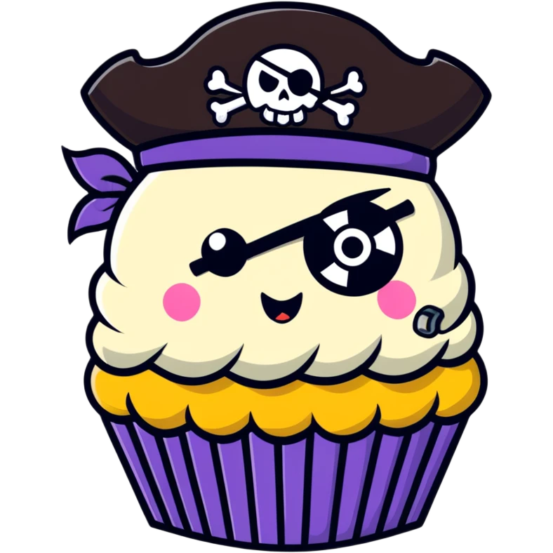 cupcake pirate with eye patch and pirate hat emoji