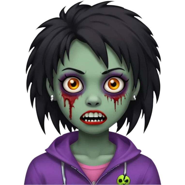 girl, zombie, black coily hair, medium long, emo, shaggy, dark, spooky, piercing on eyebrow, colourful teeth, creepy blank expression emoji