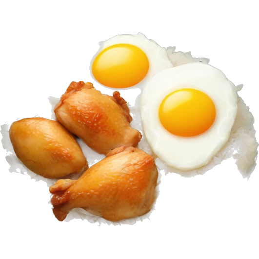 a bowl of rice with two eggs and chicken thigh emoji