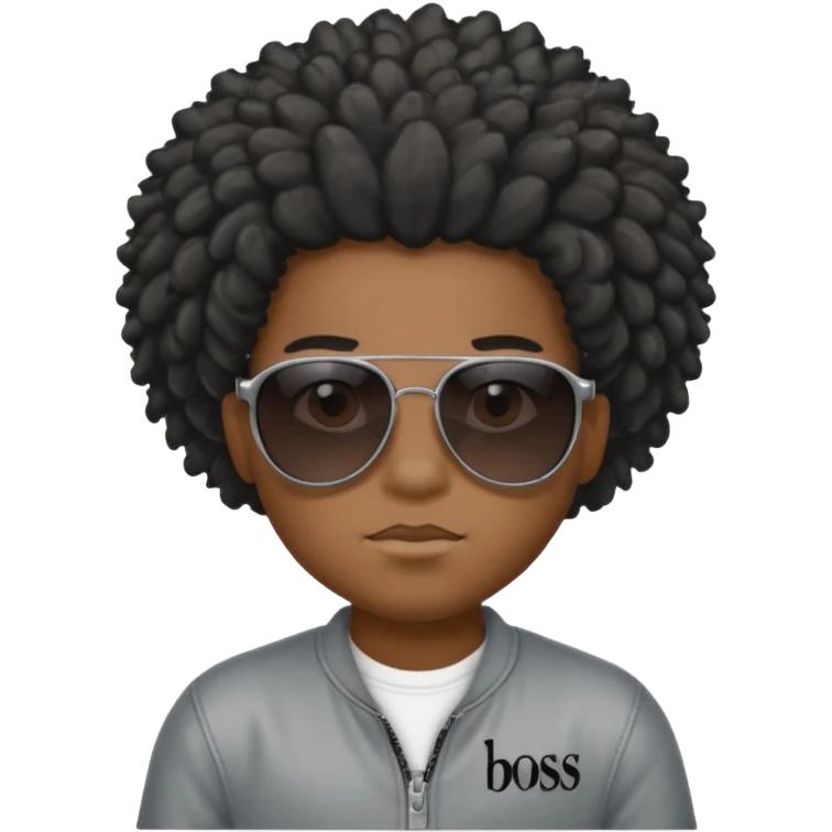 Un garçon,de couleur noir avec des lunettes de soleil grise,il a des cheveux crépus et au dessus de sa tete il est écrit BOUSS  sans qu’on voit ses yeux emoji