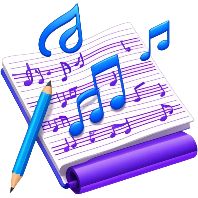 Emoji that represents music track writing. The design should feature a music composition sheet with musical notes and lyrics, a digital audio workstation (DAW) interface or soundwaves, and a pencil or pen to symbolize the writing process. Add a touch of technology with subtle elements like sound mixing sliders or waveform graphics. Use a blend of vibrant and inspiring colors, such as electric blue or neon purple, to evoke a sense of creativity and innovation. The background should be transparent. emoji