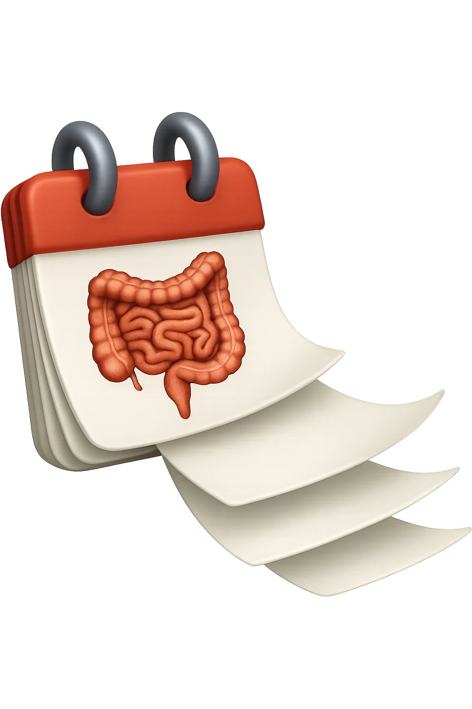 emoji stile iphone di un calendario con fogli che volano insieme, sui fogli ci sono disegnati degli intestini anatomici, iperrealistico 4k, isolato su sfondo bianco emoji