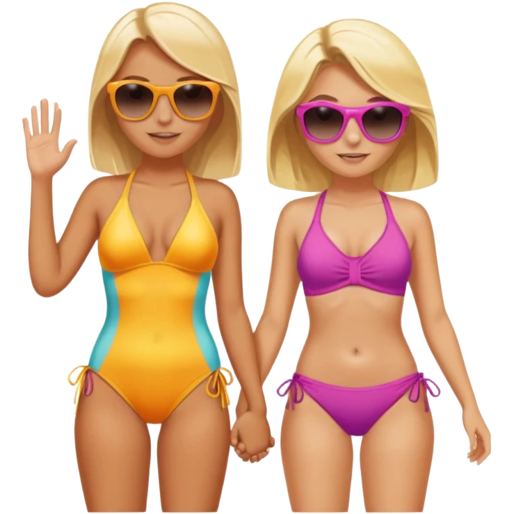 Two blonde girls wearing bathing suits and sunglasses, holding hands, tanning emoji