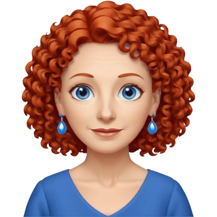una profesora mayor simpática con el pelo rojo rizado, ojos azules, vestido azul y pendientes azules emoji