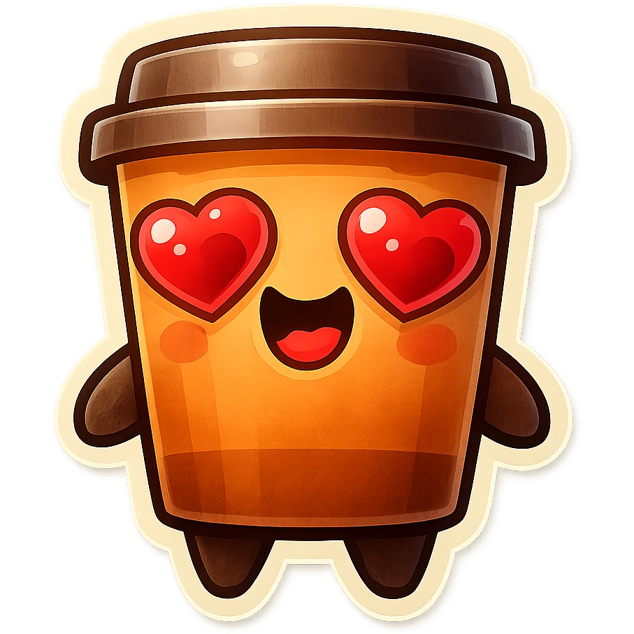 Tall coffee cup, big heart eyes, blushing, dramatic emoji