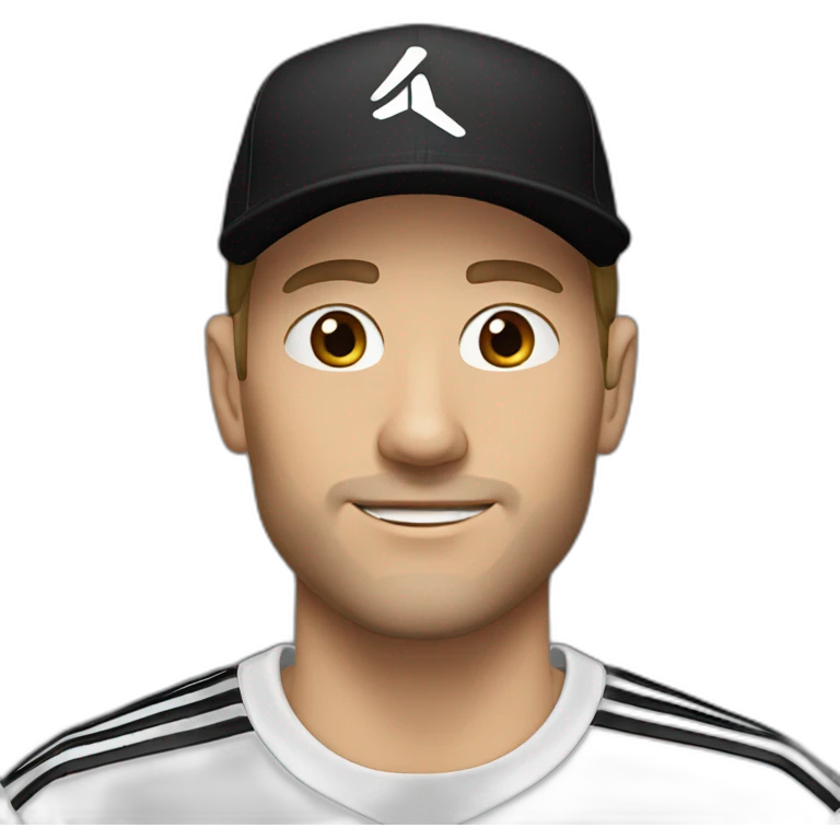 white man with stubble and a black adidas cap that has a white logo emoji