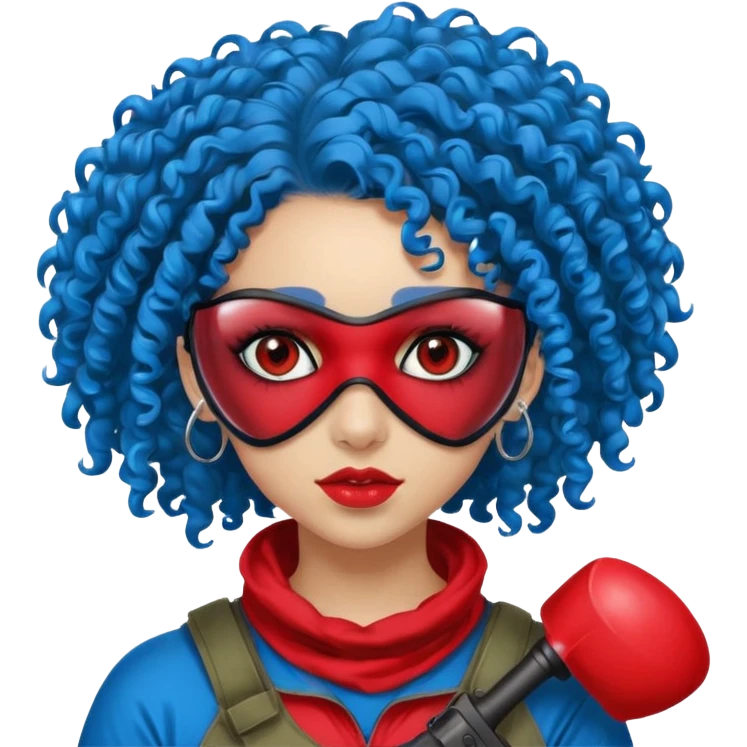 blue curly haired paintball playergirl with huge earrings, wearing red paintball eye mask, emoji