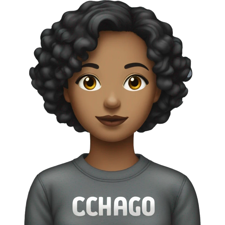 Girl with mid length curly black hair wearing a black Chicago sweatshirt emoji