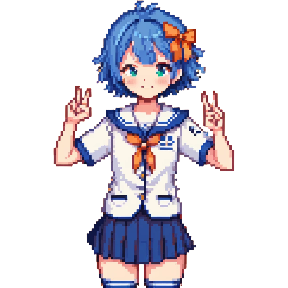 Pixel art energetic anime girl with short blue hair wearing Japanese sailor style school uniform, striking a victory pose, very cheerful emoji