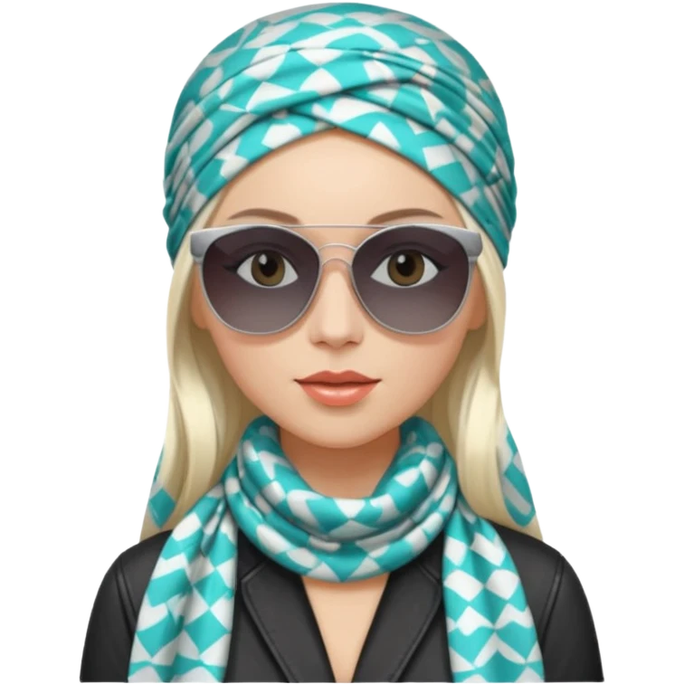 white girl, pop singer, chic style, long straight platinum hair, patterned headscarf, big sunglasses emoji