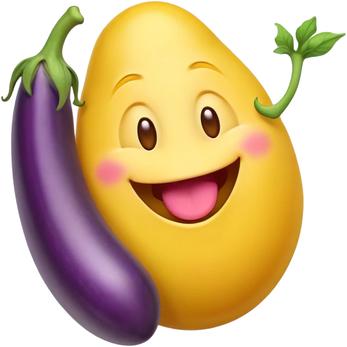 Un emoji heureux qui passe sa langue de droite à gauche avec une aubergine à côté  de lui ￼ emoji
