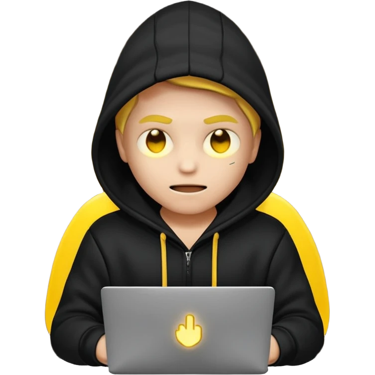 hacker emoji wearing a hoodie with a mysterious expression and glowing laptop emoji