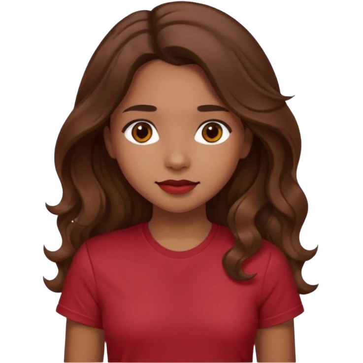 Very light brown girl with long wavy brunette hair and blush, wearing dark red tshirt emoji
