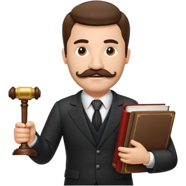 Create a male lawyer. he is wearing a fromal suit jckeret. He is holding a gavel in one hand and a book tucked under his another arm. He has a mustache and BEARD both! emoji