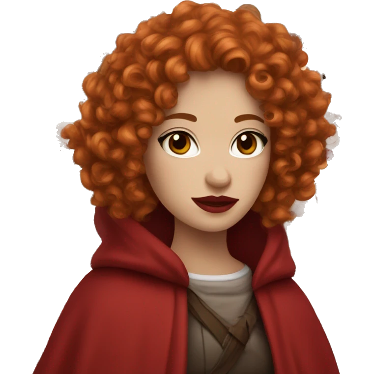 Create an Emoji Girl, red curly hair, red lipstick, white skin, brown eyes, red cloak emoji