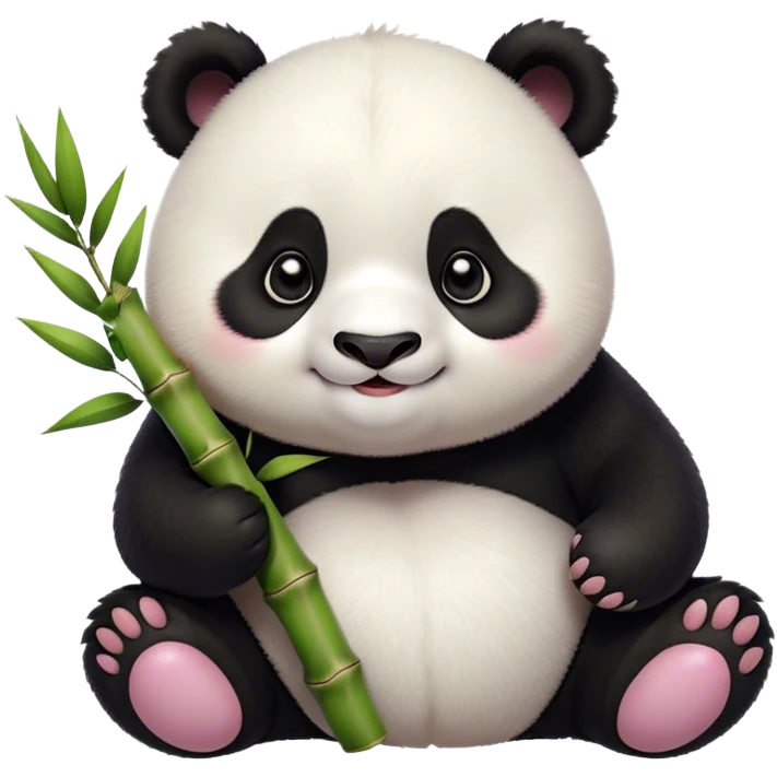 Cinematic smiling chubby panda, fluffy black and white fur, round rosy cheeks, tiny paws holding a bamboo shoot, sparkling eyes full of joy, soft glowing background, irresistibly huggable. emoji