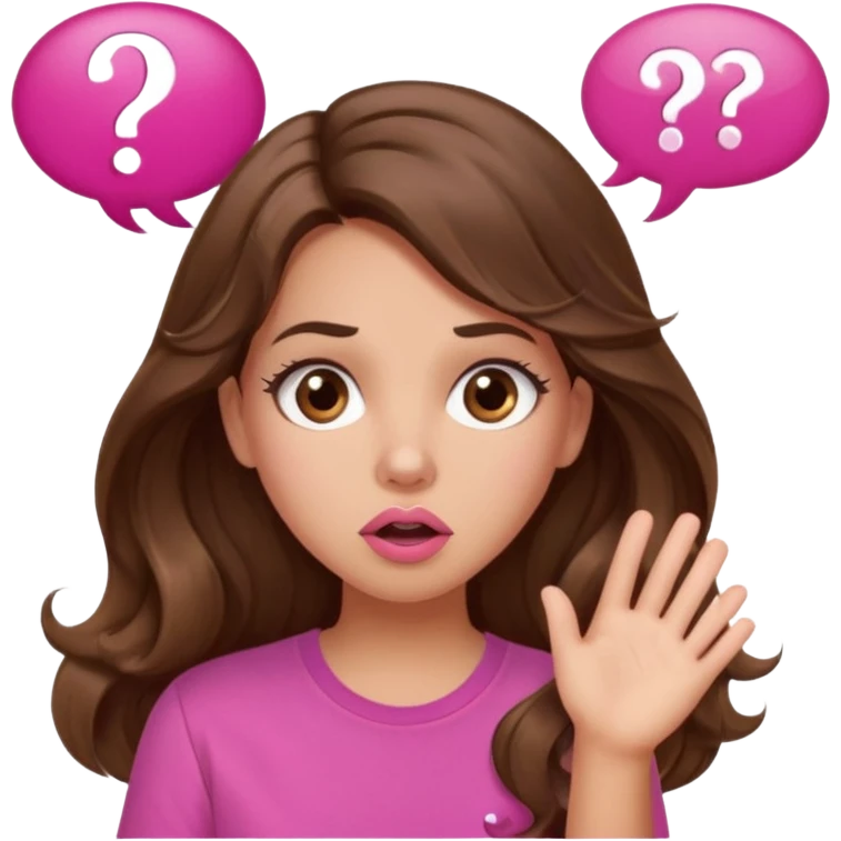 girl with long wavy brown hair, brown eyes, light to medium complexion, in a pink shirt, pink lips, long lashes, surprised, question mark speech bubble emoji