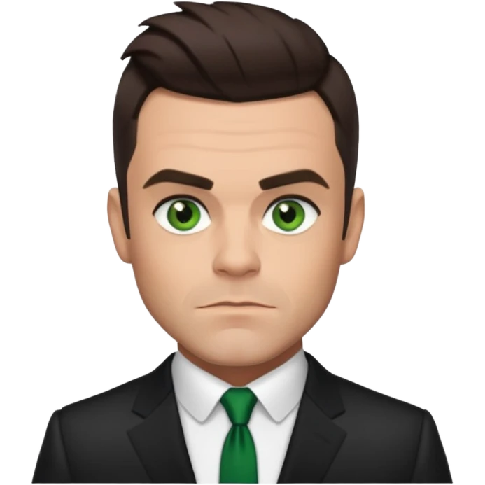 Robbie Williams with dark brown hair, green eyes, suit emoji