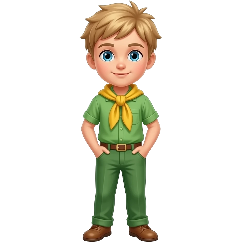 Blond boy with blue eyes in a Green trouser and top with a yellow scarf, the Hair is Styles a bit wild and spiky emoji