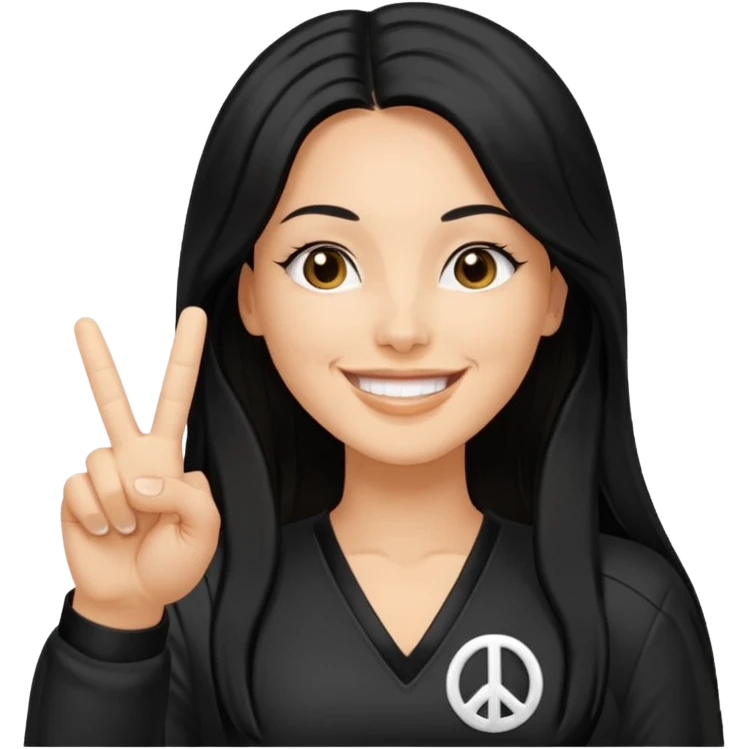 white adult woman in a y2k outfit, long black hair, making a peace sign emoji