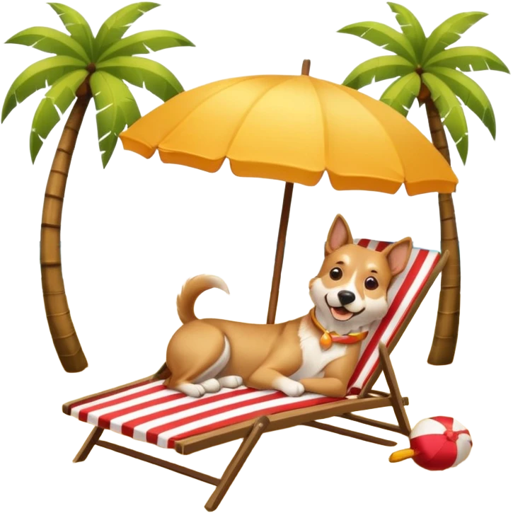 a dog laied on a beach chair, a sunny beach, a sun umbrella, and beach coconut trees. the icon should capture the essence of a relaxing beach vacation with a carefree atmosphere emoji