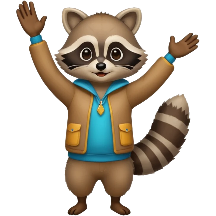 a full body raccoon celebrating hands up wearing fun outfit emoji