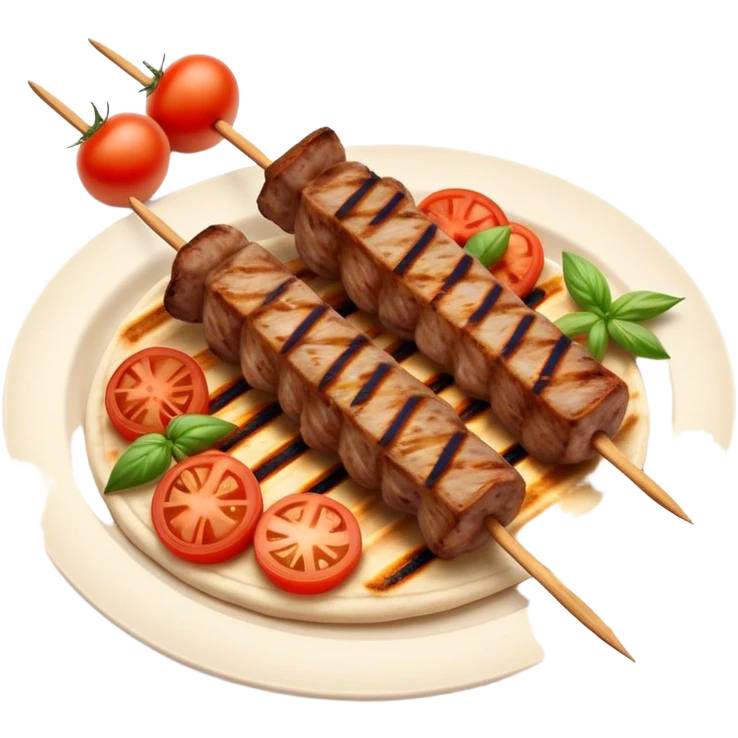 Cinematic Realistic Souvlaki Dish Emoji, showcasing skewered, grilled meat with Mediterranean spices rendered with dynamic textures and warm, appetizing lighting. emoji