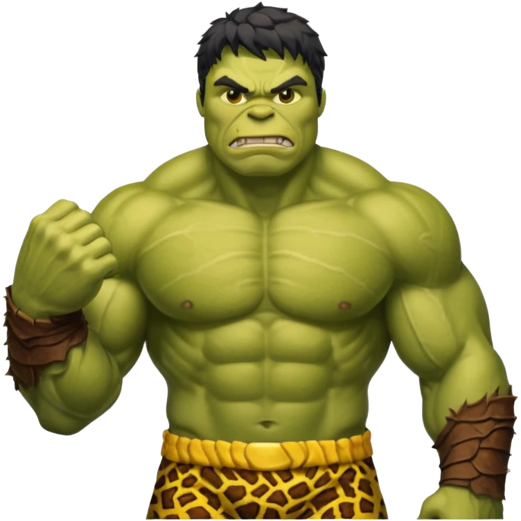 a Hulk wearing ancient animal skin cloth, half body, icon, yellow skin emoji