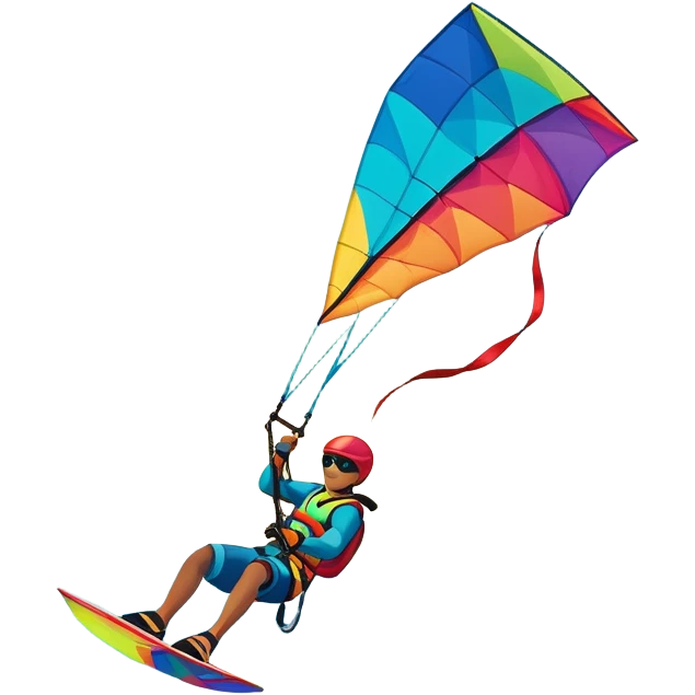 A vibrant kite soaring high in the sky, attached to a kiteboarder riding the waves below. The scene is filled with bright colors, capturing the energy of the sport. The background features the ocean, wind-blown waves, and a clear sky, showcasing the excitement and freedom of kiting. emoji