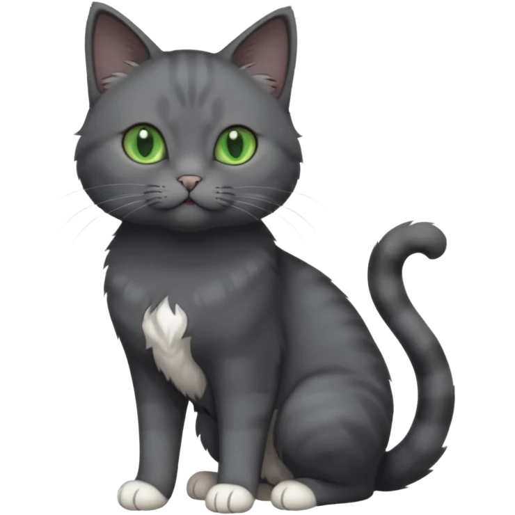 full body view of beautiful female solid dark grey cat with green eyes, white toes/paws and white patch on her chest emoji