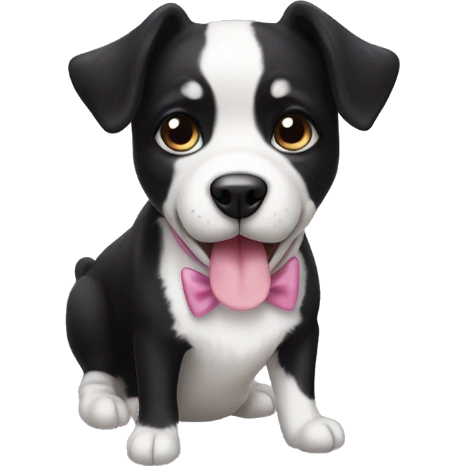 young black and white tuxedo dog with round eyes, a pink tongue  emoji