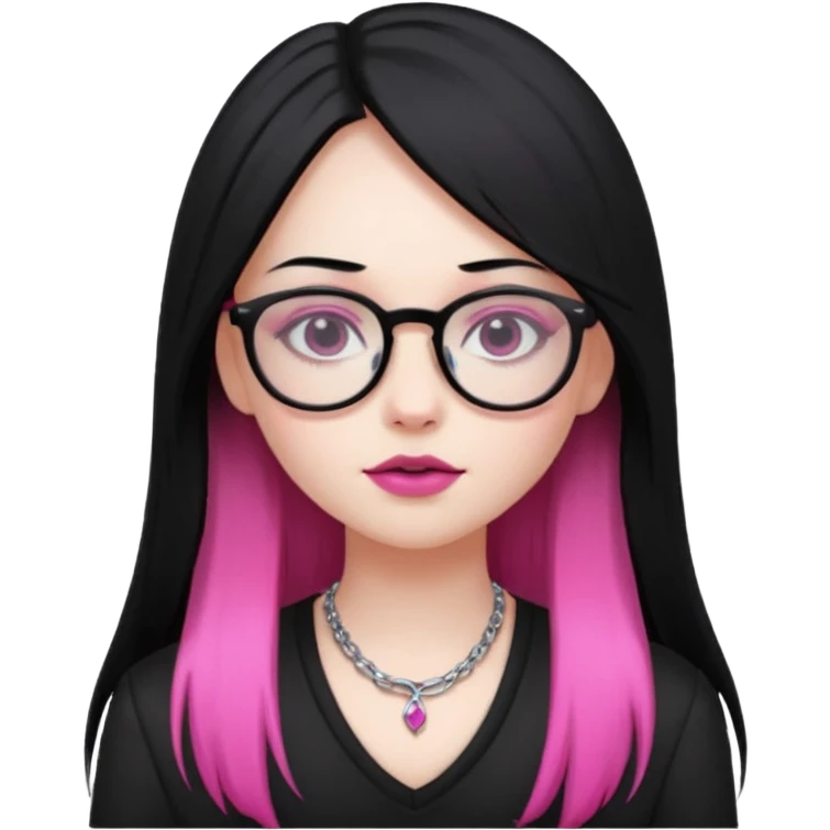 pale girl with piercing, long straight black hair with pink ends, dark makeup, glasses, large chest emoji