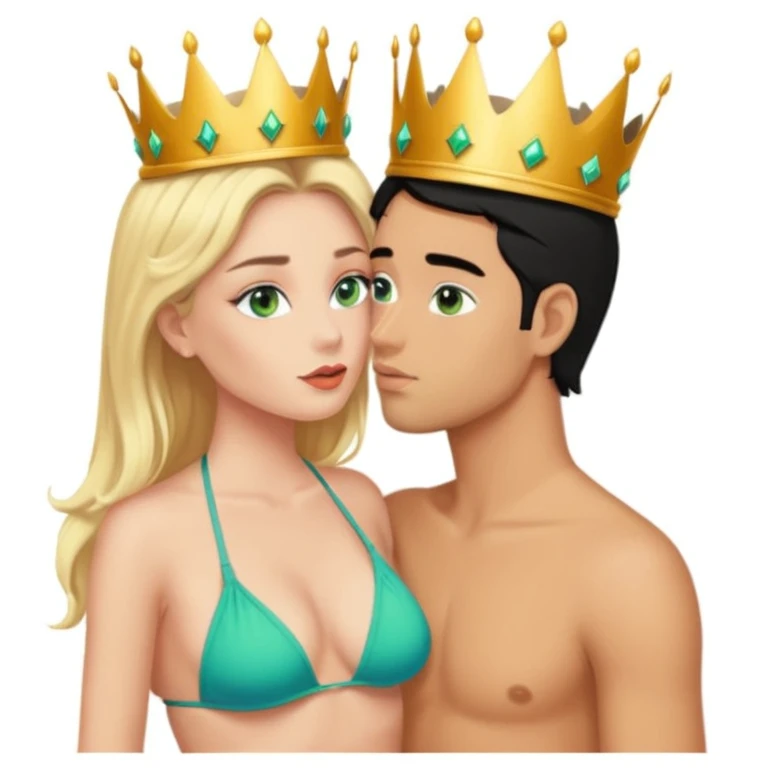 Blonde Queen with crown Green eyes in Bikini kissing Male subject without crown black hair blue eyes Background living room  emoji