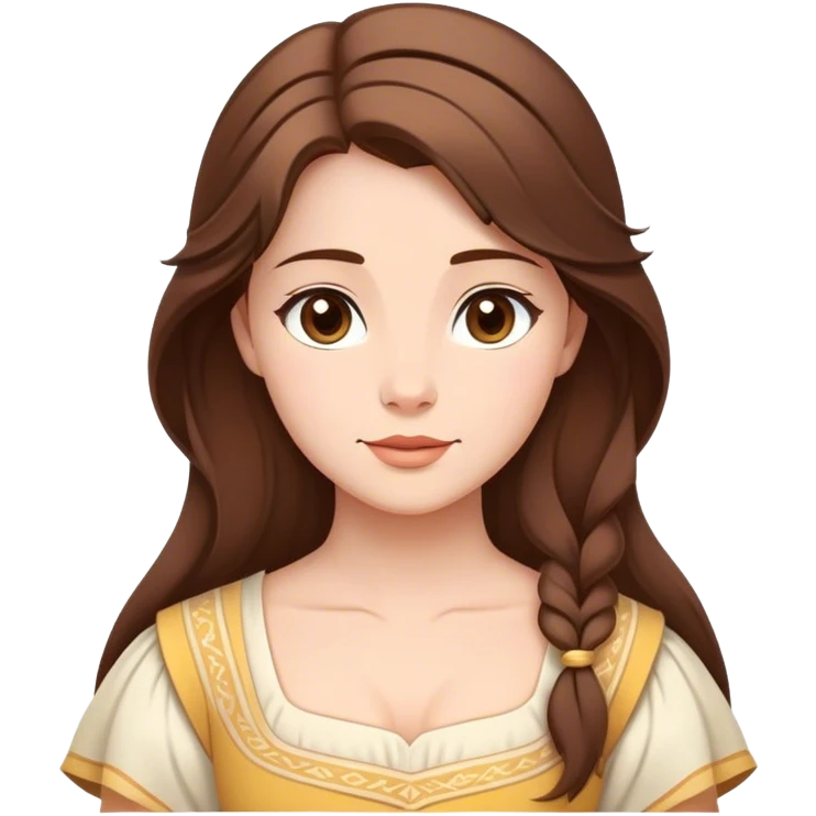 Cinematic Serene Belle Portrait Emoji, rendered in a simplified vector style. Depict a gentle Belle (chest and above) with fair, glowing skin, softly cascading brown hair, and a calm, inviting expression, dressed in her traditional village dress. The image exudes a soft, luminous glow and is outlined with a subtle, warm light. emoji