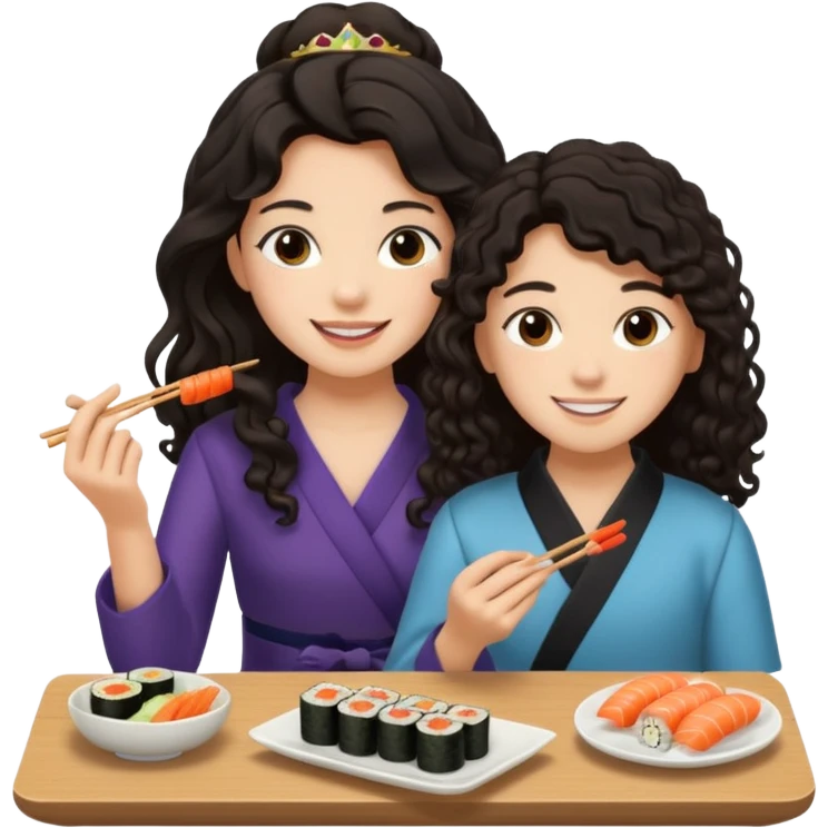 czarnowłosa ksieżniczka w dlugich wlosach je sushi z chłopakiem o czarno brązowych kręconych włosach i są zadowoleni i są nastolatkami i te włosy są lekko krecone emoji