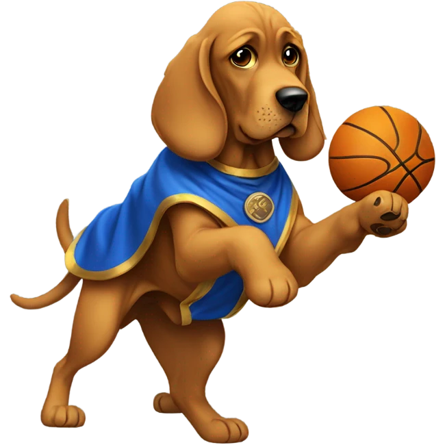 A bloodhound with a blue and Gold cape spinning a basketball on its paw! emoji