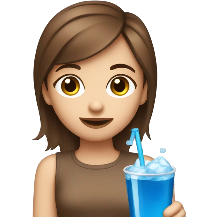 Brown haired browed eyed girl drinking a blue soda emoji