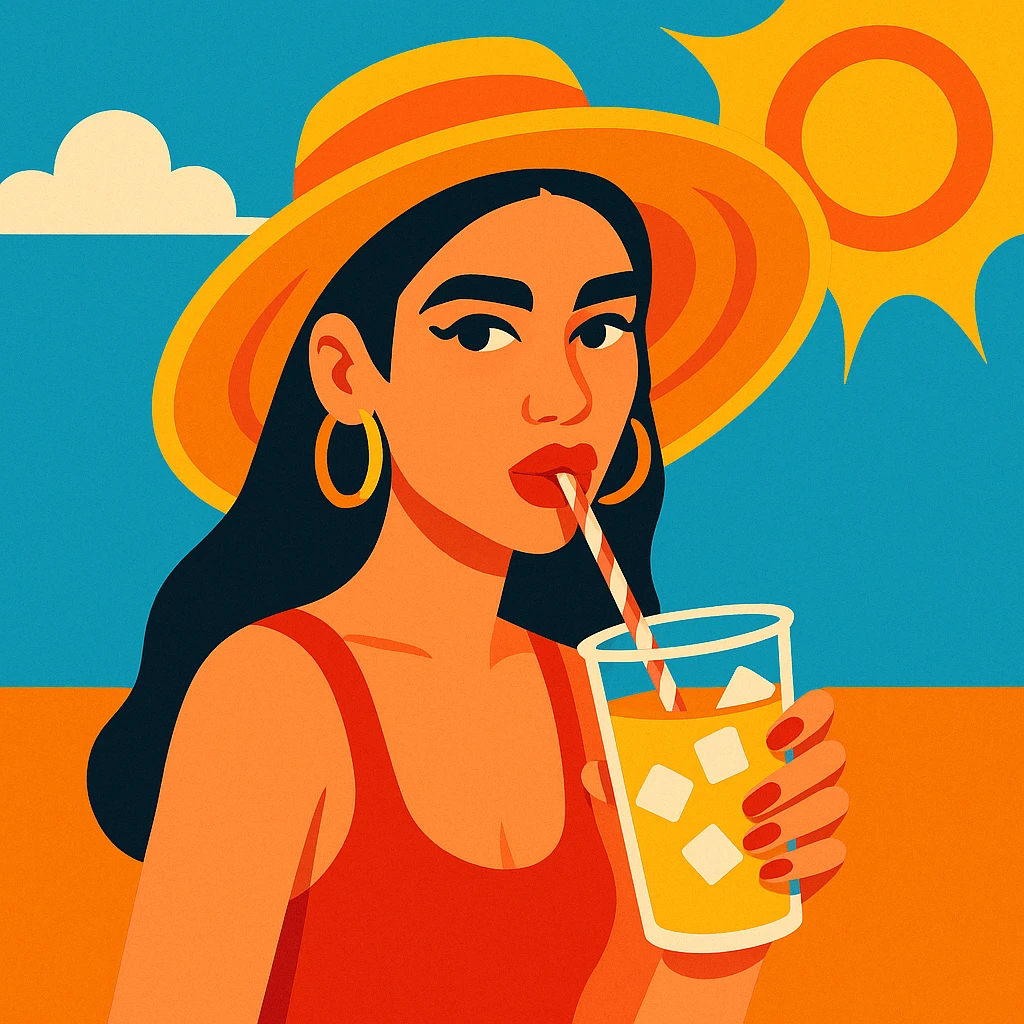 Dua Lipa sipping a cold drink, summer hat, bright, sunny background emoji