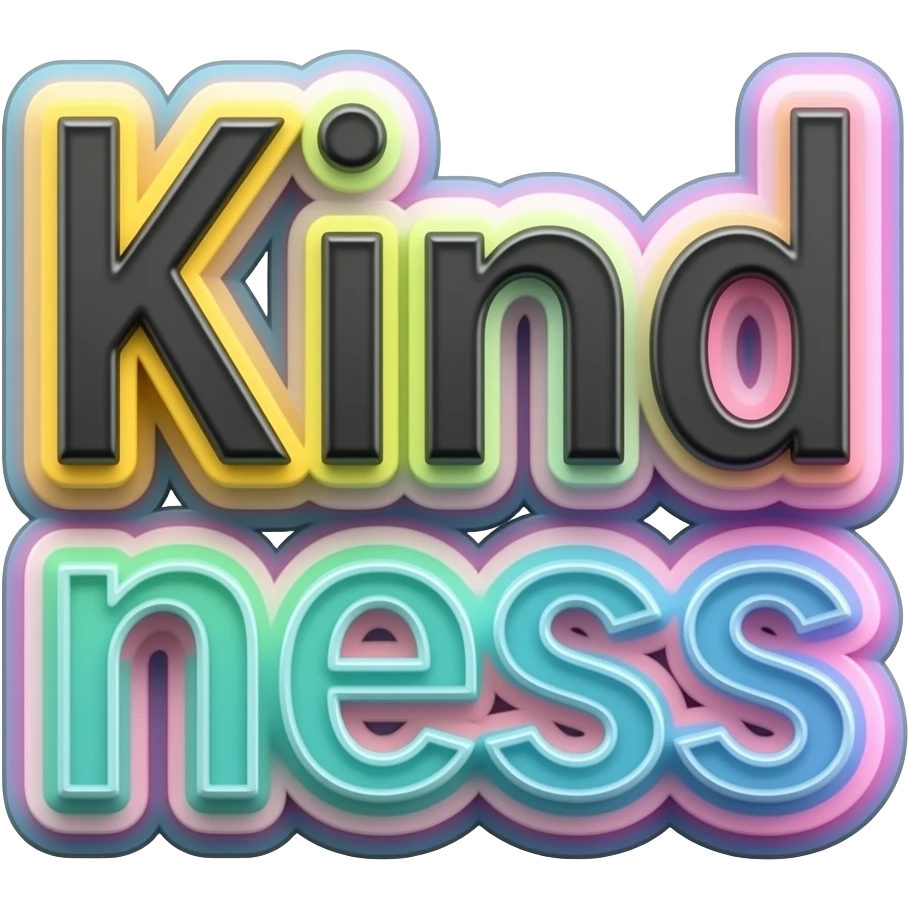 Word "Kindness" in black, 3D style typography lettering, with each neon pastel color as a layered effect outlined around each letter, isolated, 3d rendering, no emoji icons no emoji faces and must have no human figures emoji