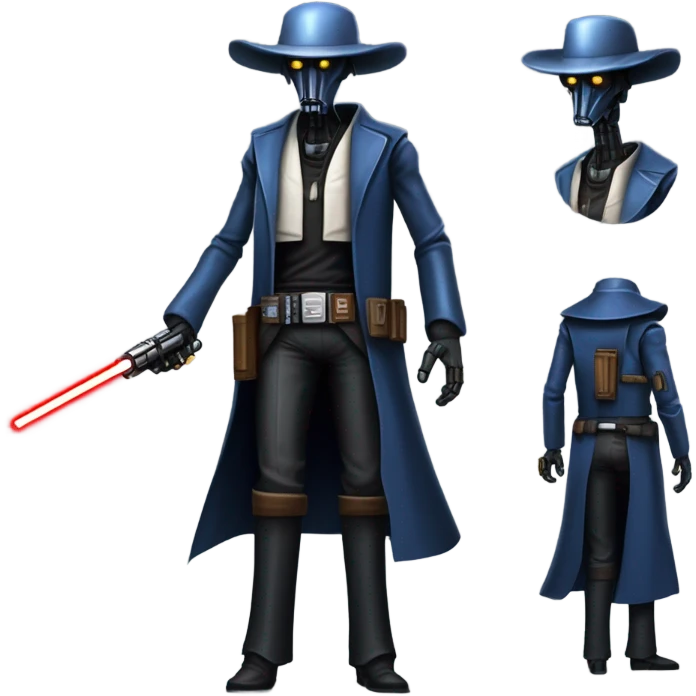 friendly frantic bounty hunter tarnished undercover tough well-equipped Jedi life-sized darkblue-pearl battle droid leather vest clothing pants and vest old west duster coat holding light saber sheriff holstered gun hat floating emoji