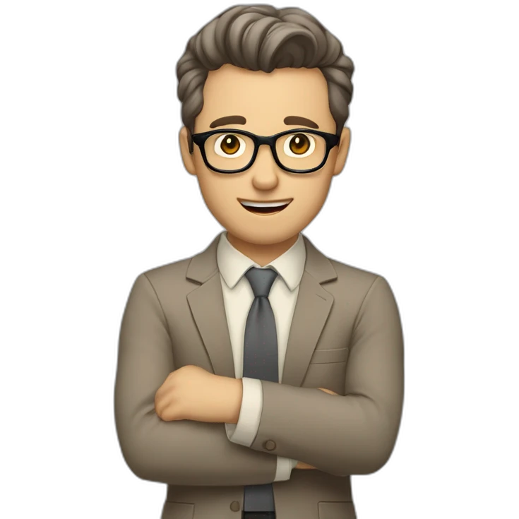 To belt Actively gesturing with hands Pale skinned fit man with dark brown hair in gray jacket, beige office shirt, brown tie, brown pants and vintage glasses. emoji