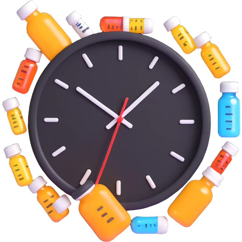 wall clock with pills around it and a syrup bottle, 3D emoji style emoji