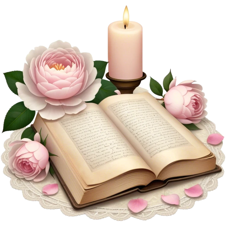 A beautifully aged book of poetry, open beside a softly glowing candle, with scattered blush pink rose petals and white peony blossoms decorating the vintage lace-covered surface.
 emoji