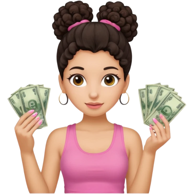 Uma menina com o cabelo cacheado com um Coque morena, e com uma regata rosa com unha em gel, é com Baby hair ,e com dinheiro na mão , emoji