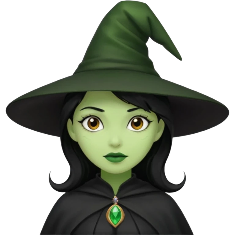A green girl with black hair and a black witch hat emoji
