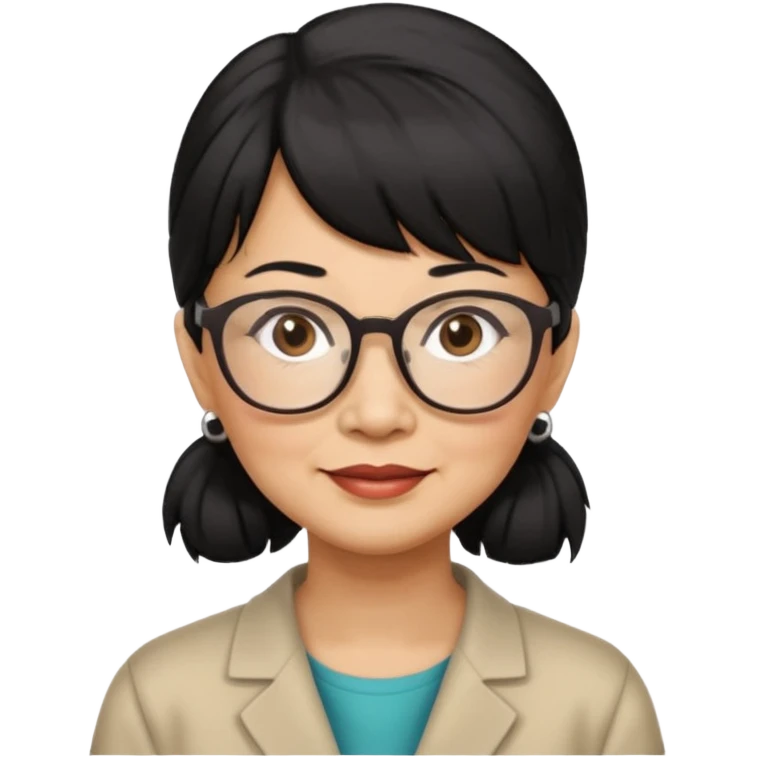 filipino woman black hair in one pony tail with straight bangs and big glasses, 60 yr old

 emoji