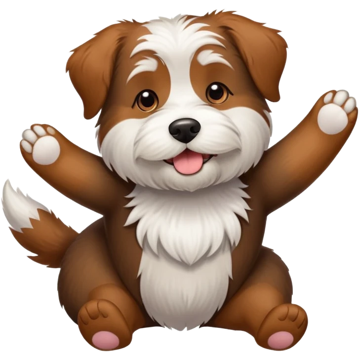 A wire haired brown, black, and rust dog with a white bearded chin laying with its arms up as if to say “pet my belly” emoji